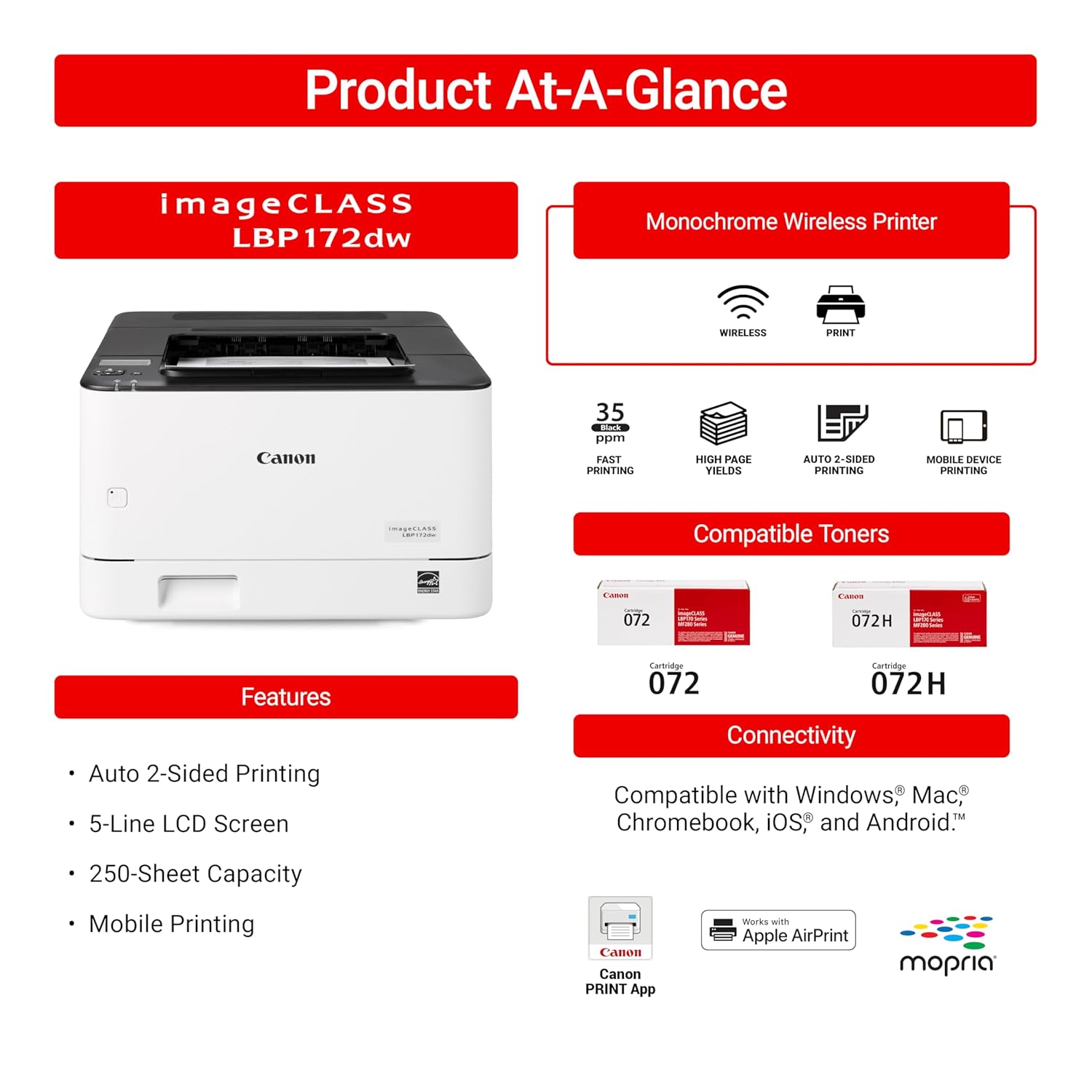 Canon imageCLASS LBP172dw Monochrome Duplex, Wireless Laser Printer, Single Function, Home Office, Mobile Ready, 2 Years Standard Warranty, 35 PPM, White