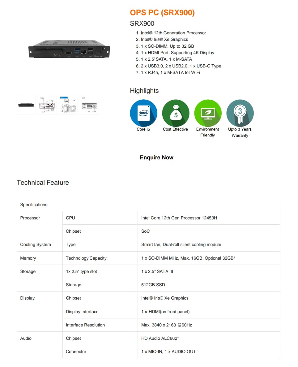 OPS (Open Pluggable Specification) for Interactive Flat Panel/Interactive Digital Board for 65, 75, 86 inches, intel Core i5, 12th Gen, 8 GB DDR4 RAM, 256GB SSD, 5G Wi-Fi, Bluetooth, Mic, Earphone, LAN, HDMI, USB 3.0, HDD Slot, 3 Years Warranty